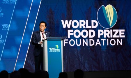 FAO Director-General QU Dongyu delivers a keynote speech in Des Moines, Iowa.