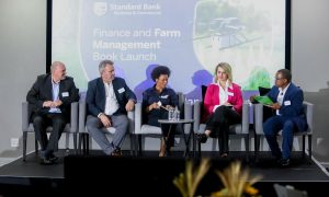 (From left to right): Louis van Ravesteyn, Head of Agribusiness at Standard Bank Group, Dr Danie Jordaan, Lecturer of Agricultural Economics at University of Pretoria, Dr. Kholofelo Thobejane from VKB Group, Dr Melissa van der Merwe, Lecturer in the Department of Agricultural Economics at Stellenbosch University, Wandile Sihlobo, Chief Economist of the Agricultural Business Chamber of South Africa (Agbiz)