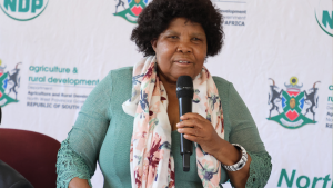 The Deputy Minister of Agriculture, Ms. Nokuzola Capa, addressing attendees at the launch of the Presidential Economic Stimulus (PES) in Makgobistad village, emphasized the importance of farming for food security and encouraged youth and women to actively participate in the agricultural sector.