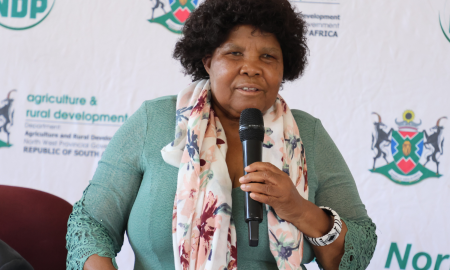 The Deputy Minister of Agriculture, Ms. Nokuzola Capa, addressing attendees at the launch of the Presidential Economic Stimulus (PES) in Makgobistad village, emphasized the importance of farming for food security and encouraged youth and women to actively participate in the agricultural sector.